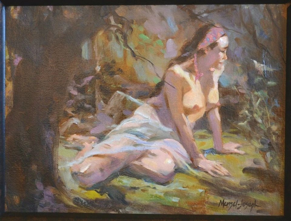 ADULT ONLY ITEM - REQUIRES VERIFICATION: ADULT ONLY ITEM - REQUIRES VERIFICATION Item : This original oil painting by James Joseph Menzel is titled "The Messenger". A nude woman in an idyllic forest landscape is leaning towards (listening to