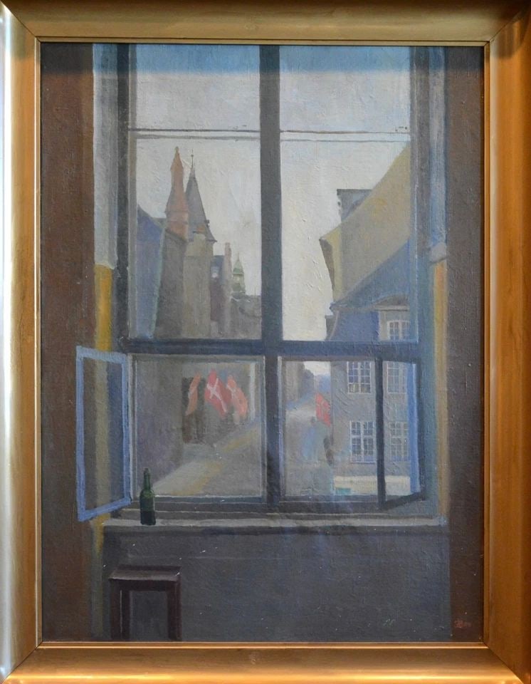 JOHANNES MARTINUS BACH 1866-1943 OIL PAINTING STREET THRU WINDOW DENMARK - 1941 (1 of 1)