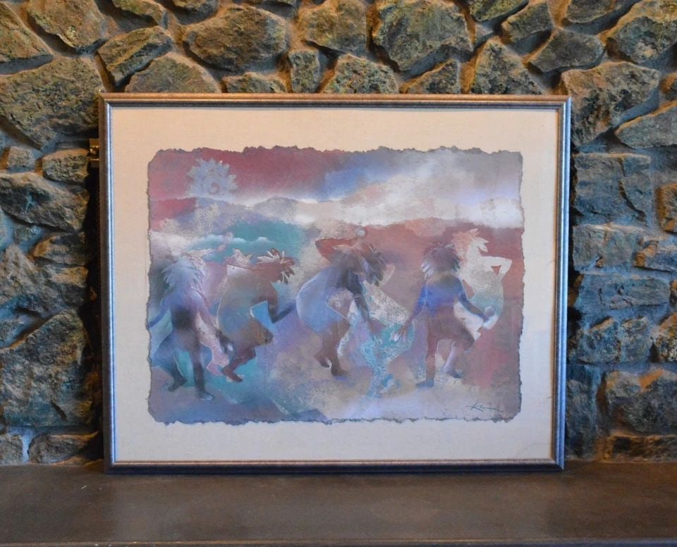 MIXED MEDIA PAINTING - TRANSLUCENT NATIVE AMERICAN DANCERS - TURQUOISE PASTELS: MIXED MEDIA PAINTING - TRANSLUCENT NATIVE AMERICAN DANCERS - TURQUOISE PASTELS This looks to be a mixed media painting / pastel drawing - maybe with some printed layers. It has been beautifully done o