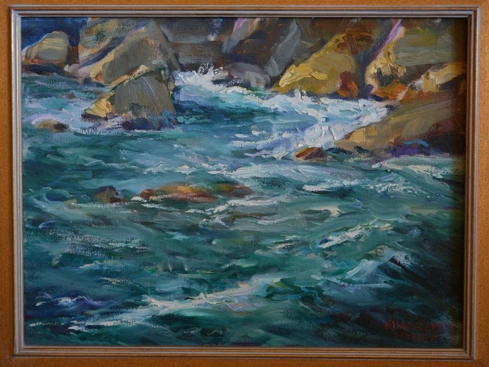 SEASCAPE OIL PAINTING - OCEAN ROCKY COAST SOLANA BEACH CA - GUADALUPE APODACA (1 of 1)