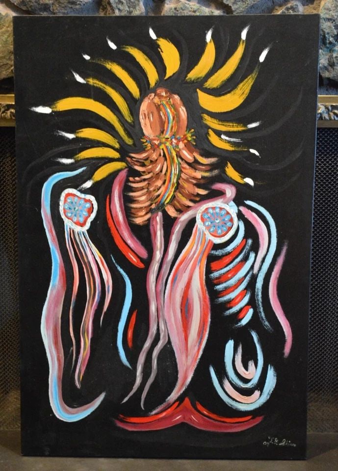 TOM J. SHINAS - NATIVE AMERICAN DANCER - ORIGINAL PAINTING - OIL ON CANVAS: TOM J. SHINAS - NATIVE AMERICAN DANCER - ORIGINAL PAINTING - OIL ON CANVAS Item Description: This original painting is titled , "Waiting to Dance". It shows a Native American dancer in bold vibrant co
