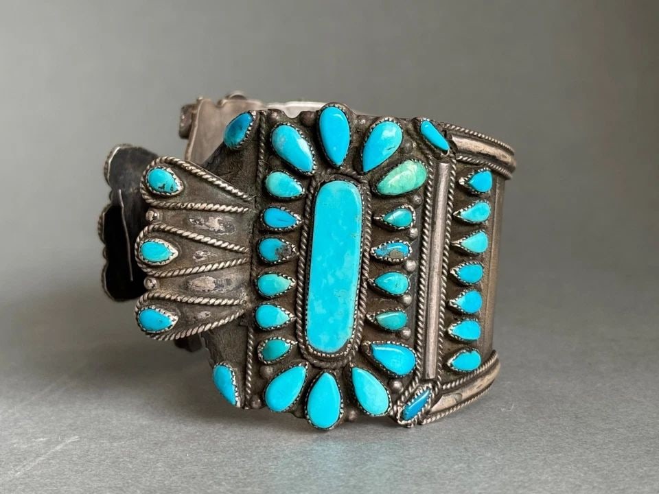 OLD PAWN NAVAJO LARGE STERLING SILVER AND TURQUOISE WATCH BRACELET SIGNED VMB: OLD PAWN NAVAJO LARGE STERLING SILVER AND TURQUOISE WATCH BRACELET SIGNED VMB Old Pawn Navajo Large Sterling Silver and Turquoise Watch Bracelet Signed Victor Moses Begay VMB 2" wide ..5 7/8" Inside W