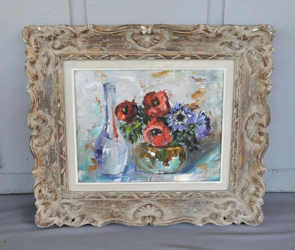 VINTAGE OIL PAINTING - RED & BLUE ANEMONES IN VASE - MARY DENNINGER (1 of 2)