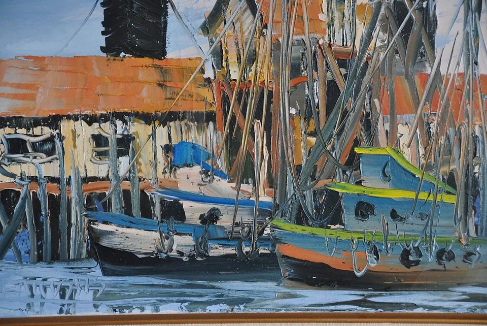 CHARLES J. BEAUVAIS 1917- OIL PAINTING LAGUNA BEACH CALIFORNIA BOAT HARBOR DOCK (1 of 1)