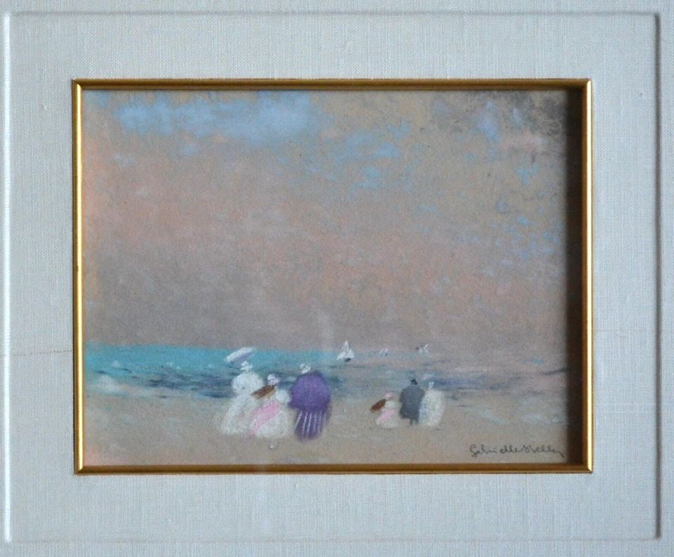GABRIELLE BELLOCQ (1920-1999) ORIGINAL PASTEL - FAMILIES AT THE BEACH - FRANCE: GABRIELLE BELLOCQ (1920-1999) ORIGINAL PASTEL - FAMILIES AT THE BEACH - FRANCE This pastel was done by French artist Gabrielle Bellocq (1920-1999). It shows families at the beach gazing at sailboats o