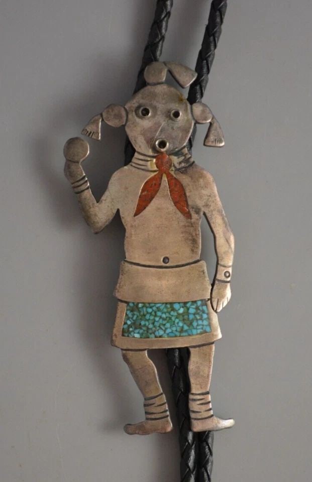 LEROY KEWANYAMA (1922-1997) - OLD HOPI SILVER BOLO TIE - MUDHEAD KACHINA (1 of 2)