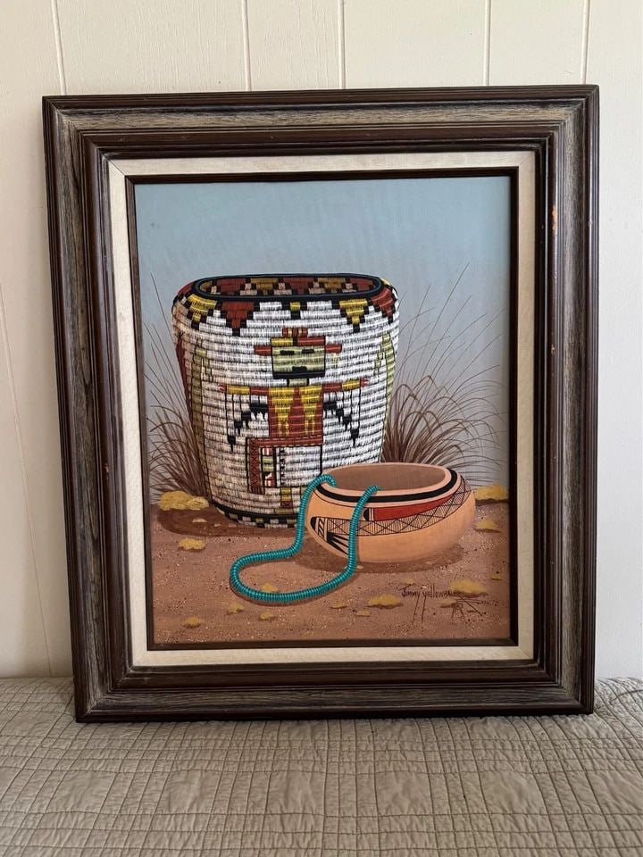 NAVAJO JIMMY YELLOWHAIR PAINTING ON CANVAS HOPI BASKET: NAVAJO JIMMY YELLOWHAIR PAINTING ON CANVAS HOPI BASKET Navajo Jimmy Yellowhair Painting ..20 - 16 " with frame ..27 x 23" Painting Great Condition ..scratches on frame ..