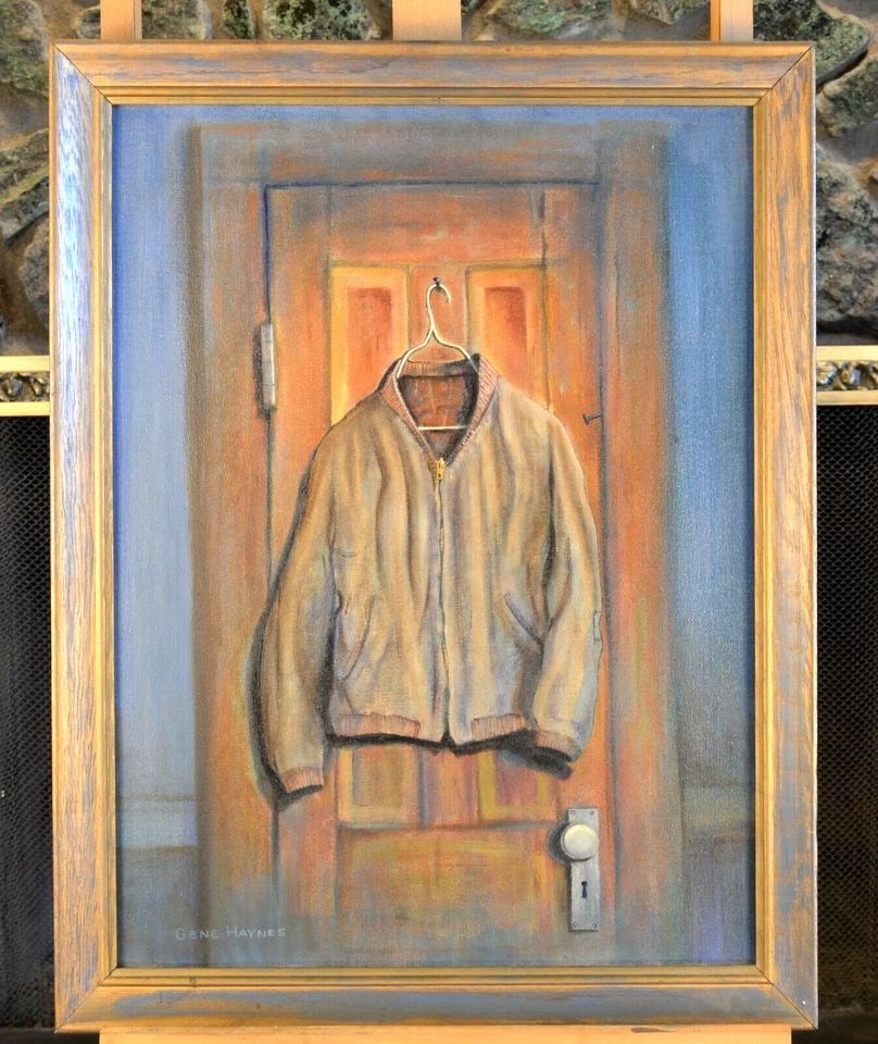 GENE HAYNES OIL PAINTING -GENE'S JACKET ON DOOR - DORYMANS HOTEL, NEWPORT CALIF (1 of 2)