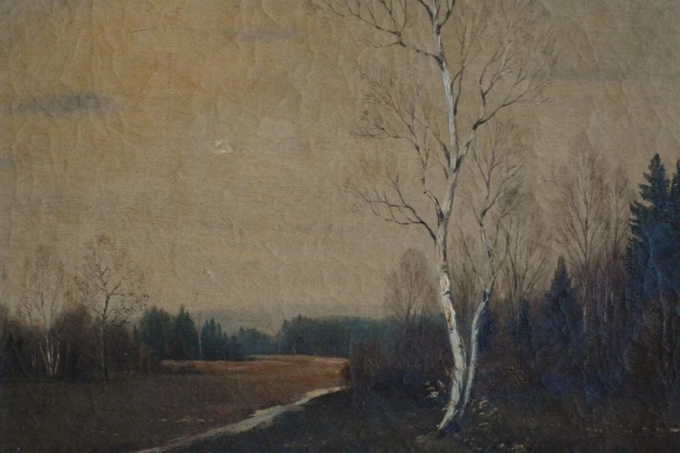 ANTIQUE OIL PAINTING - EVOCATIVE COUNTRY LANDSCAPE - RIVER ASPEN TREE - WINTER (1 of 2)