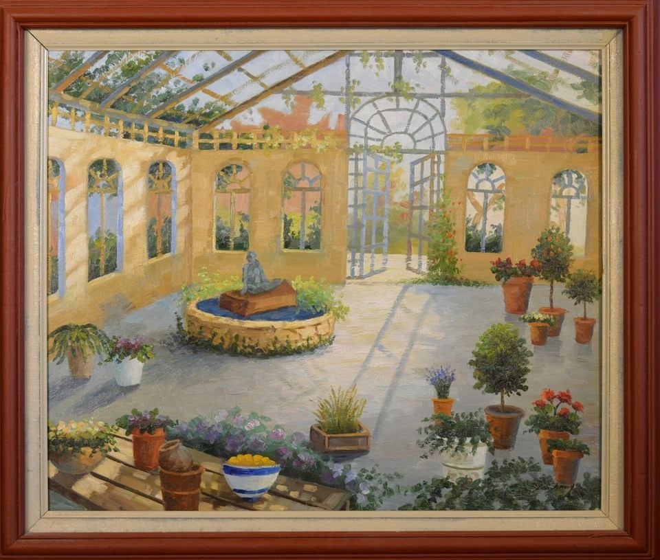 VINTAGE IMPRESSIONIST OIL PAINTING OF OUTDOOR ATRIUM GARDEN & SCULPTURE (1 of 2)