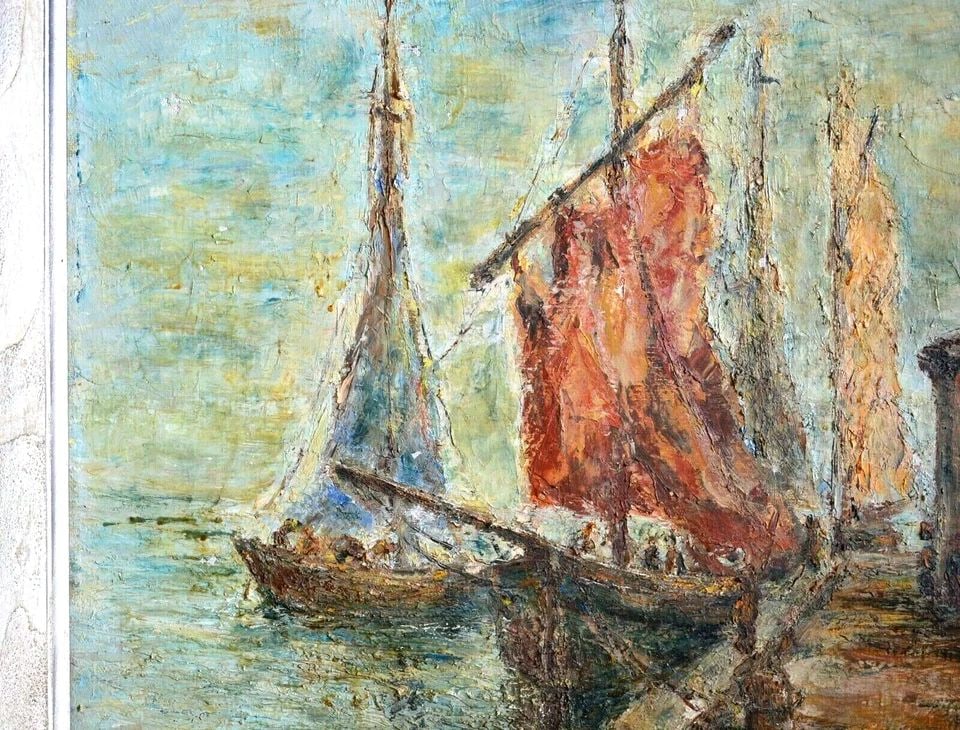 ANTIQUE IMPRESSIONIST OIL PAINTING - SHIPS DOCKED AT PORT - EARLY 1900S?: ANTIQUE IMPRESSIONIST OIL PAINTING - SHIPS DOCKED AT PORT - EARLY 1900S? Item Description: This antique impressionist painting shows sailing ships with colorful masts docked at a coastal city's edge. 