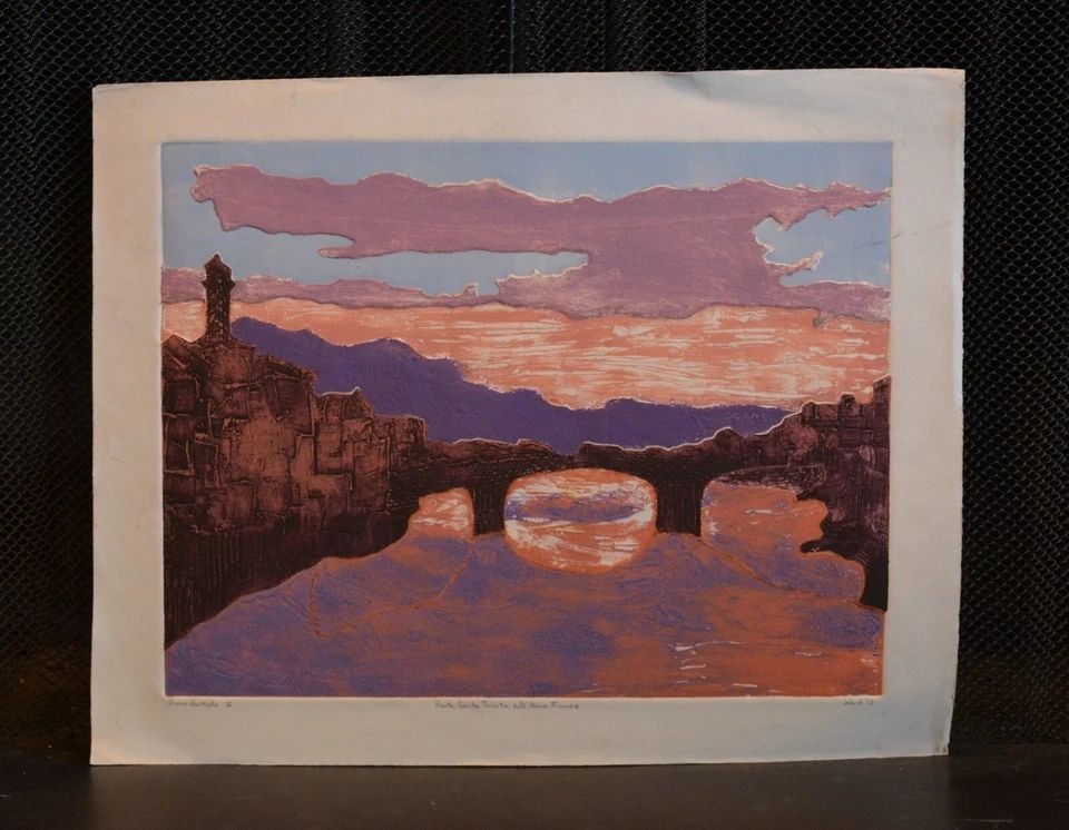TOM WARD - RAISED RELIEF WOOD BLOCK PRINT - BRIDGE SANTA TRINITA FLORENCE ITALY (1 of 2)