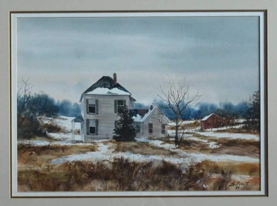 LES BARNETT - WATERCOLOR PAINTING - OLD MONTANA FARM HOUSE IN SNOW - FRAMED: LES BARNETT - WATERCOLOR PAINTING - OLD MONTANA FARM HOUSE IN SNOW - FRAMED This evocative winter watercolor painting was done by Montana artist Les Barnett. It shows an old Two Story Farmhouse in Win