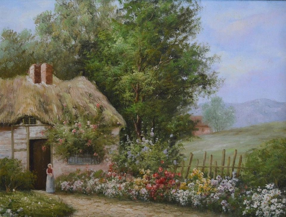 VINTAGE OIL PAINTING - OLD ENGLISH COTTAGE W. THATCHED ROOF AND GARDEN - FRAMED: VINTAGE OIL PAINTING - OLD ENGLISH COTTAGE W. THATCHED ROOF AND GARDEN - FRAMED This vintage impressionist painting shows a lovely old English thatched roof cottage and garden. It is oil on canvas. It