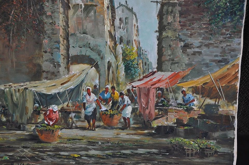 ACERVI VANDO (1906-) OIL PAINTING - PIAZZA DI CAMPO FIORI - MARKET ROME ITALY: ACERVI VANDO (1906-) OIL PAINTING - PIAZZA DI CAMPO FIORI - MARKET ROME ITALY Item Description: This original oil painting on canvas was done by Italian artist Acervi Vando (1906-). Acervi did a serie