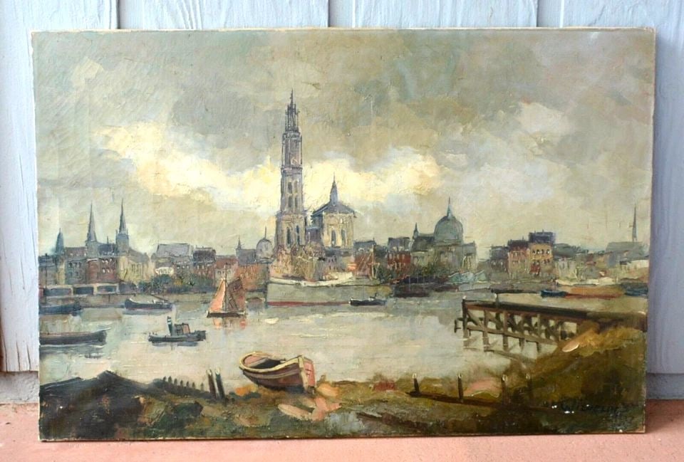 ANTIQUE VINTAGE OIL PAINTING - OLD EUROPEAN SEAPORT CITYSCAPE: ANTIQUE VINTAGE OIL PAINTING - OLD EUROPEAN SEAPORT CITYSCAPE This antique oil painting shows a European harbor or seaport with sailing ships and boats on the water. It is signed Wilhelm in the lower 