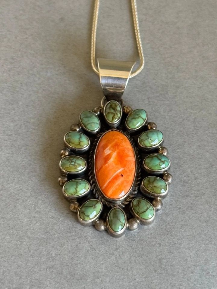 NAVAJO STERLING SILVER TURQUOISE AND SPINY OYSTER PENDANT W CHAIN ALBERT DAWES (1 of 2)