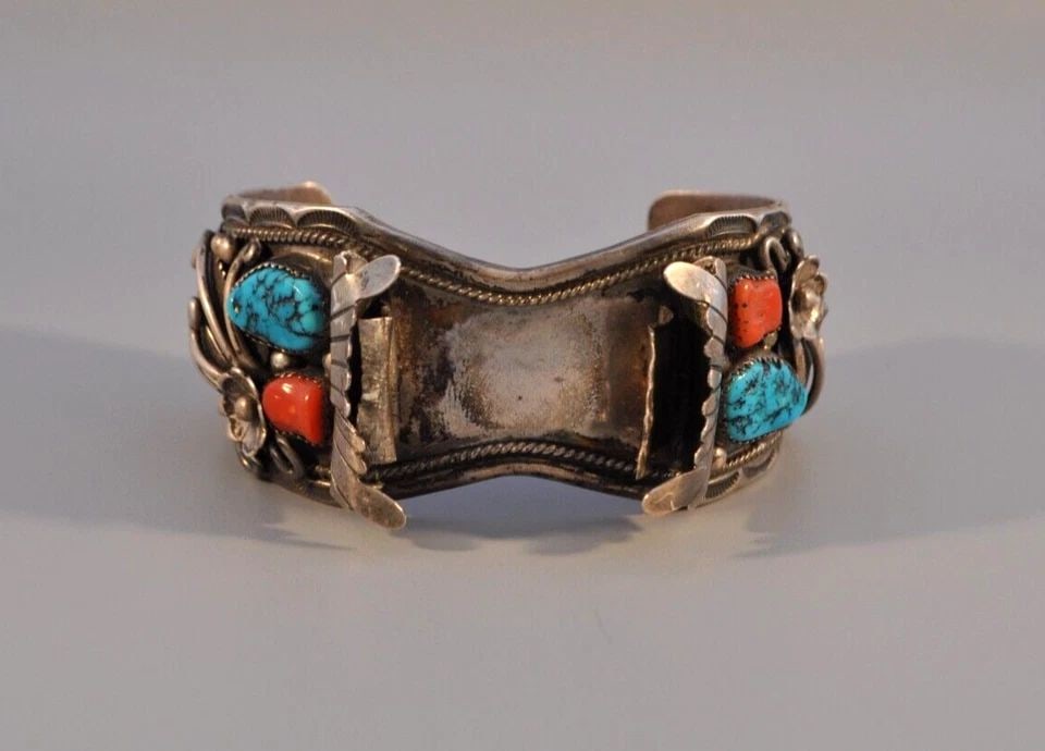 OLD PAWN SILVER NAVAJO WATCH BRACELET - KINGMAN TURQUOISE CORAL SIGNED - 7.5": OLD PAWN SILVER NAVAJO WATCH BRACELET - KINGMAN TURQUOISE CORAL SIGNED - 7.5" This watch bracelet cuff weighs 99.55 grams. It is signed Thomas Francisco. The turquoise is Kingman turquoise. The cuff s
