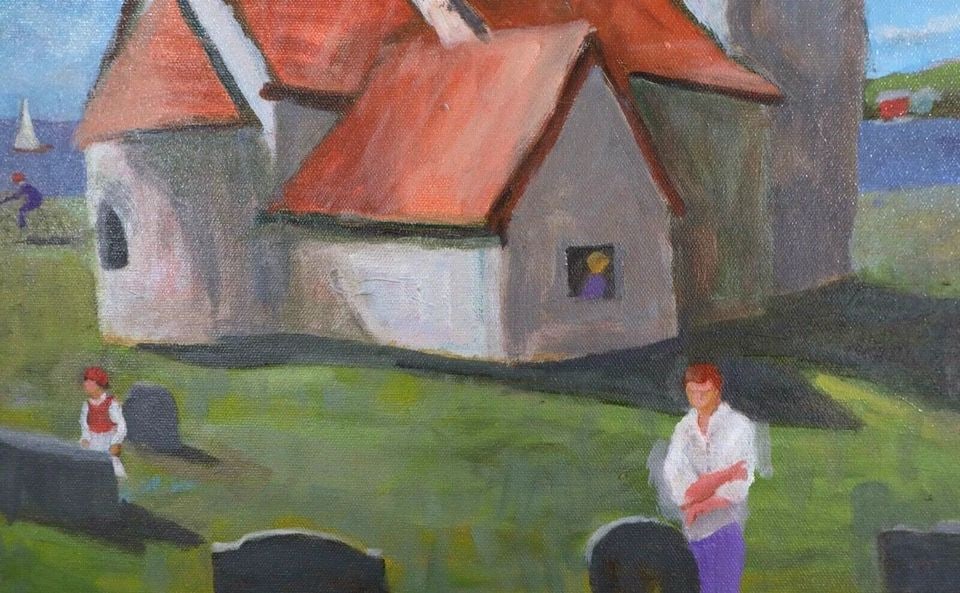 TOM WARD - OIL PAINTING - VISINGO ISLAND SWEDEN - LAKE VATTERN- KUMLABY CHURCH (1 of 2)