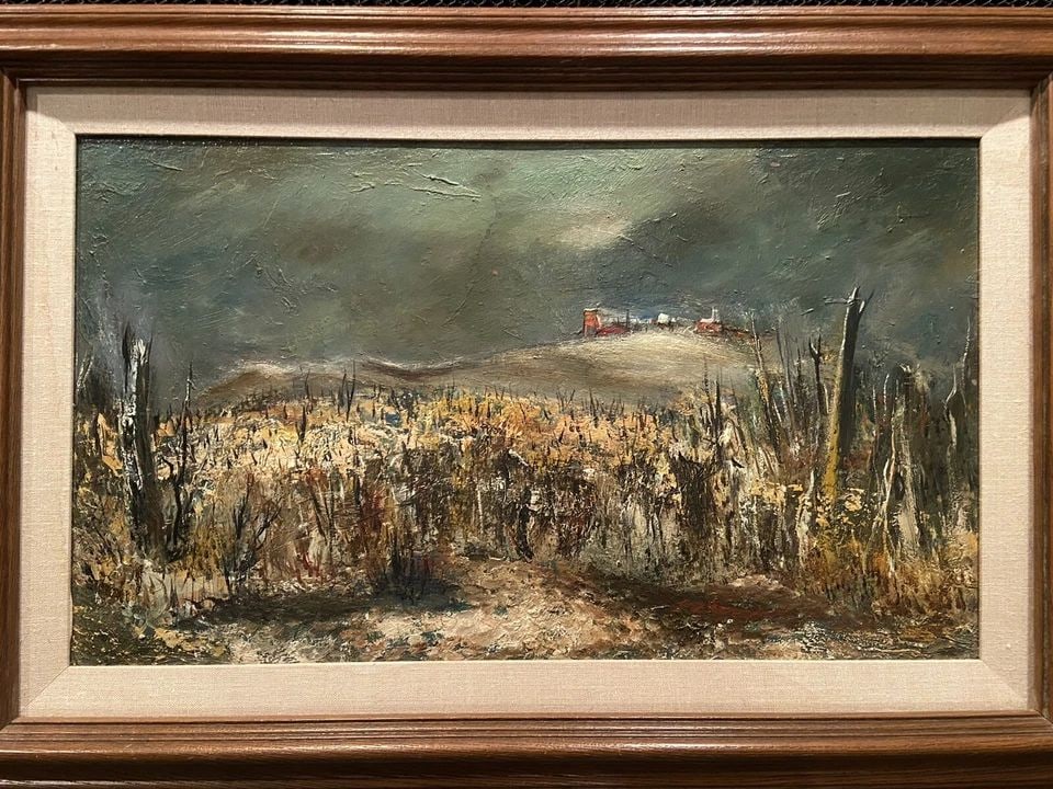 VINTAGE LANDSCAPE OIL PAINTING - CITY ON A HILL UNDER STORMY SKIES - MID CENTURY: VINTAGE LANDSCAPE OIL PAINTING - CITY ON A HILL UNDER STORMY SKIES - MID CENTURY Item Description: This unusual vintage landscape shows a village on a hill under dark stormy skies. The painting is oil