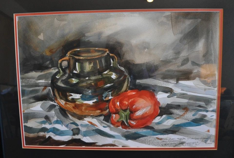 FRAMED STILL LIFE WATERCOLOR PAINTING RED PEPPER & POT - MEXICO - GOMEZ SAUCEDO: FRAMED STILL LIFE WATERCOLOR PAINTING RED PEPPER & POT - MEXICO - GOMEZ SAUCEDO Item Description: This watercolor still life painting was done by Mexican artist Gomez Saucedo. It shows a black pot and