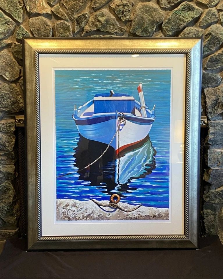 BOAT DOCKED - LG FRAMED SAPPHIRE SERIGRAPH - IGOR MEDVEDEV - "WIND NORWEGIAN" (1 of 2)