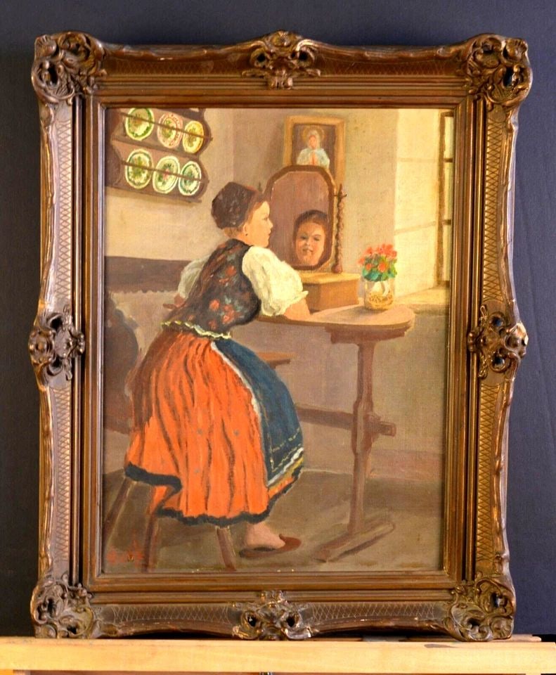 FRAMED ANTIQUE OIL PAINTING HUNGARIAN GIRL LOOKING AT REFLECTION IN MIRROR 1951 (1 of 2)