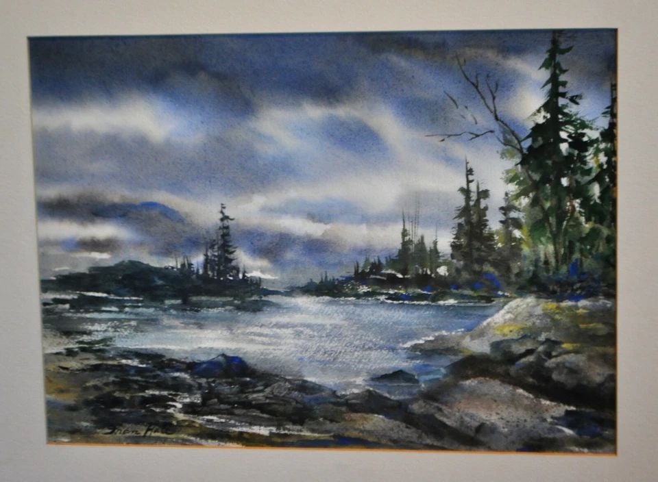 WATERCOLOR LANDSCAPE PAINTING OF ROCKY COAST PINES - N CALIF ARTIST - FRAN HALL: WATERCOLOR LANDSCAPE PAINTING OF ROCKY COAST PINES - N CALIF ARTIST - FRAN HALL Item Description: This watercolor painting has been beautifully done by Northern California artist Fran Hall. It shows a