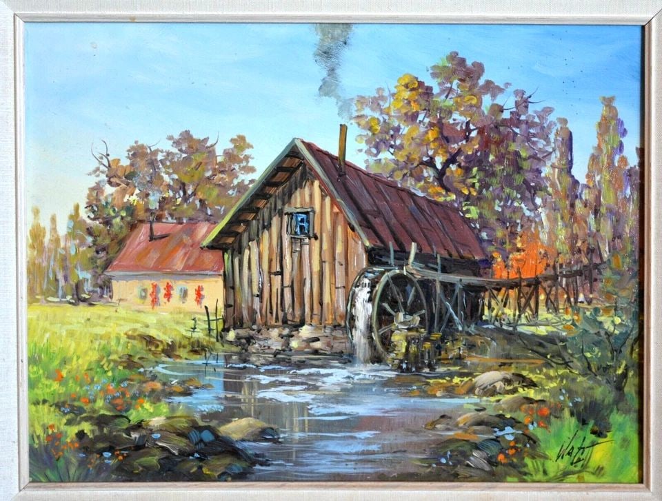 VINTAGE IMPRESSIONIST PAINTING - OLD FLOUR MILL BARN IN FALL - WATER WHEEL (1 of 2)