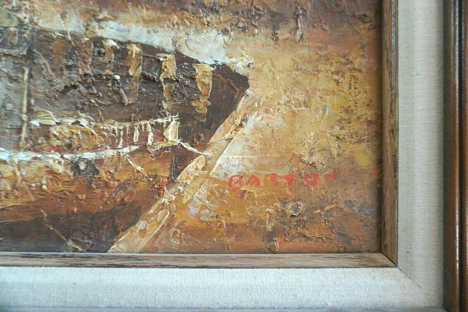 VTG. MID-CENTURY IMPRESSIONIST PAINTING FISHING BOATS HARBOR DONALD BARTON: VTG. MID-CENTURY IMPRESSIONIST PAINTING FISHING BOATS HARBOR DONALD BARTON Item Description: This mid-century painting speaks of its time with the paint thickly applied and an almost abstract composit