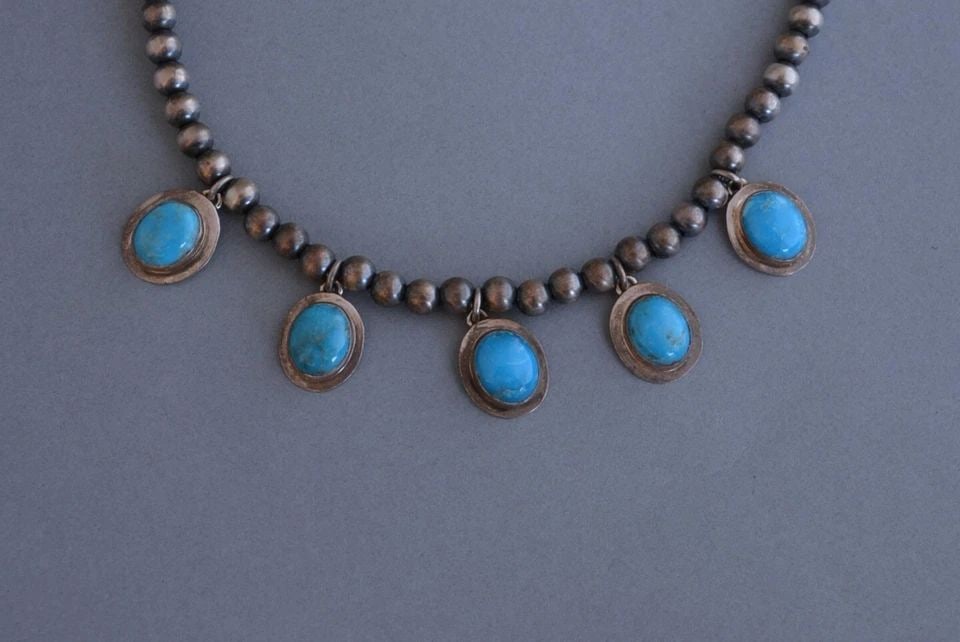 NAVAJO SILVER PEARL BEAD TURQUOISE NECKLACE 18" - 20" + EARRINGS - C. WEBSTER: NAVAJO SILVER PEARL BEAD TURQUOISE NECKLACE 18" - 20" + EARRINGS - C. WEBSTER This is a beautifully crafted Navajo silver turquoise necklace and earring set. The necklace has hand crafted Navajo silve