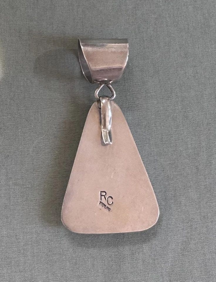 RAYMOND CORIZ - LARGE VINTAGE SANTO DOMINGO KEWA SILVER INLAY PENDANT - (1 of 2)