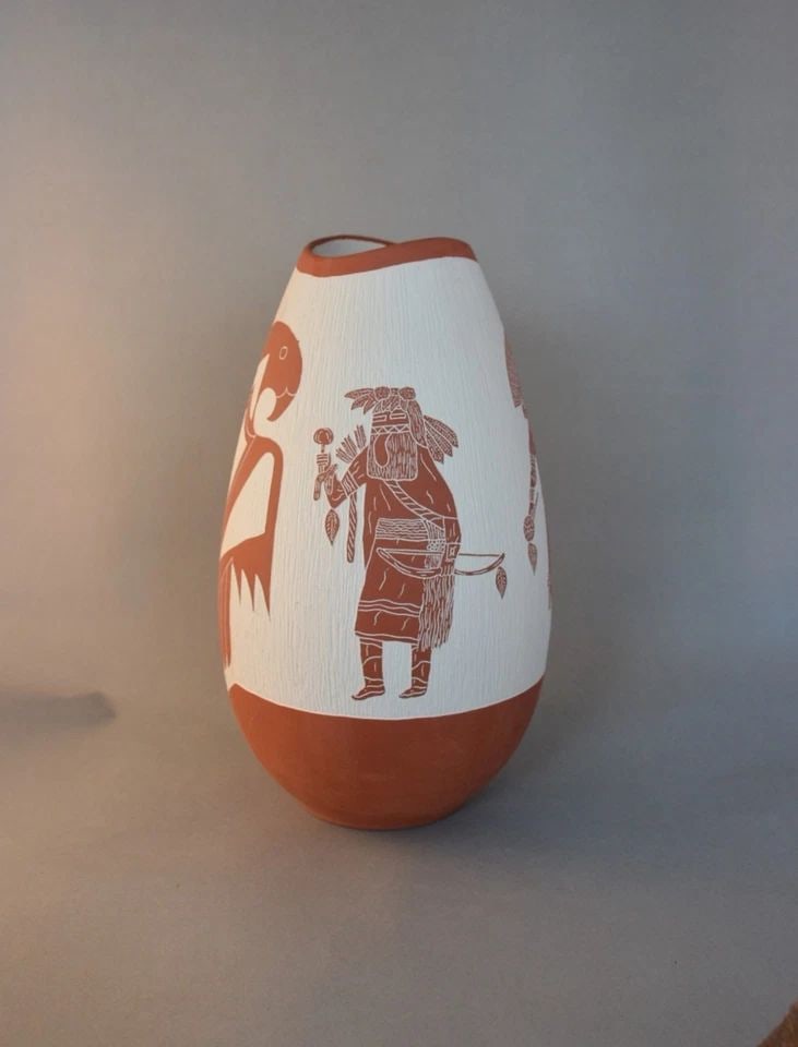 VERNON JOJOLA - ISLETA PUEBLO HANDCRAFTED ETCHED POT VASE - KACHINA THUNDERBIRD (1 of 2)
