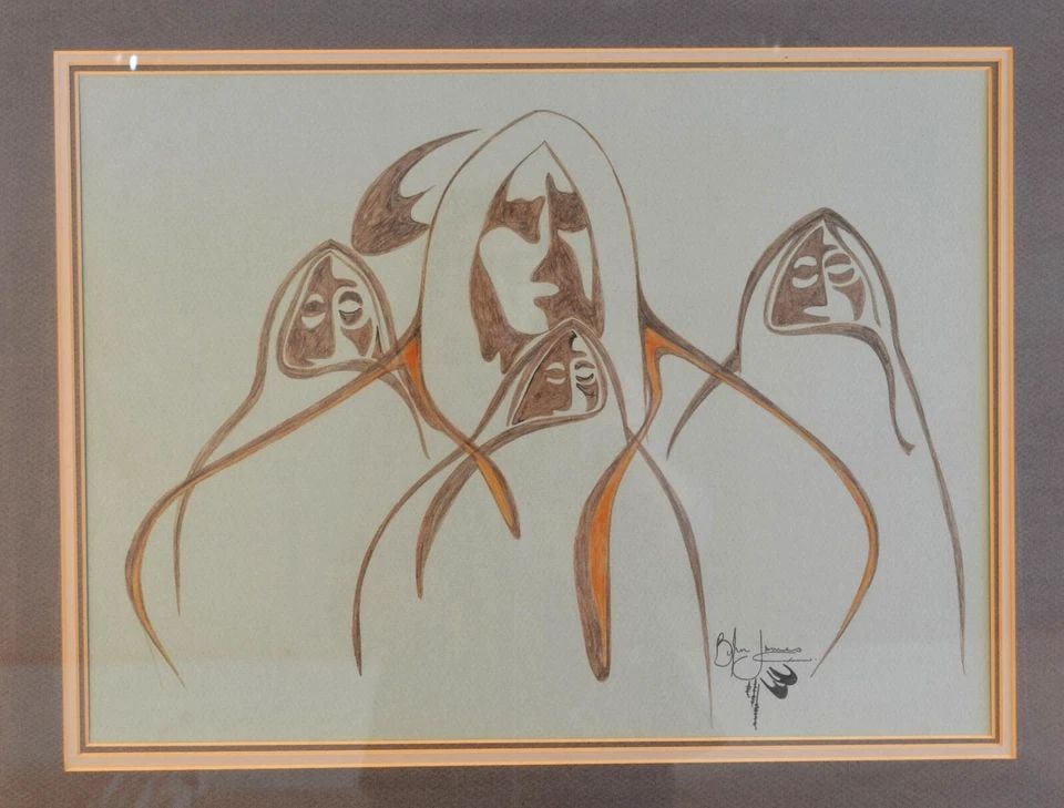 FRAMED CONTEMPORARY DRAWING OF NATIVE AMERICANS BY NAVAJO ARTIST JOHN JAMES (1 of 2)