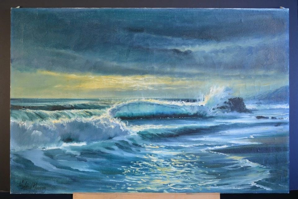 HARLAND YOUNG (1924-2015) OIL PAINTING CARMEL OR LAGUNA BEACH CA. SEASCAPE: HARLAND YOUNG (1924-2015) OIL PAINTING CARMEL OR LAGUNA BEACH CA. SEASCAPE Item Description: This vintage oil painting was done by California / Arizona artist Harland Young (1924-2015). It is oil on c
