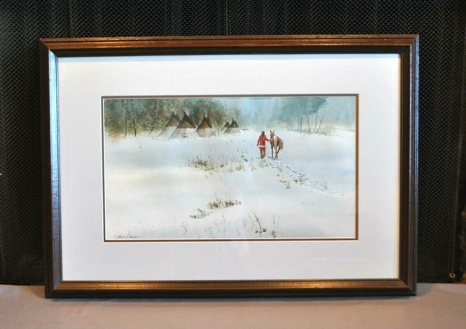 JAMES DARUM WATERCOLOR PAINTING - INDIAN WITH HORSE TEEPEE CAMP IN WINTER SNOW (1 of 2)