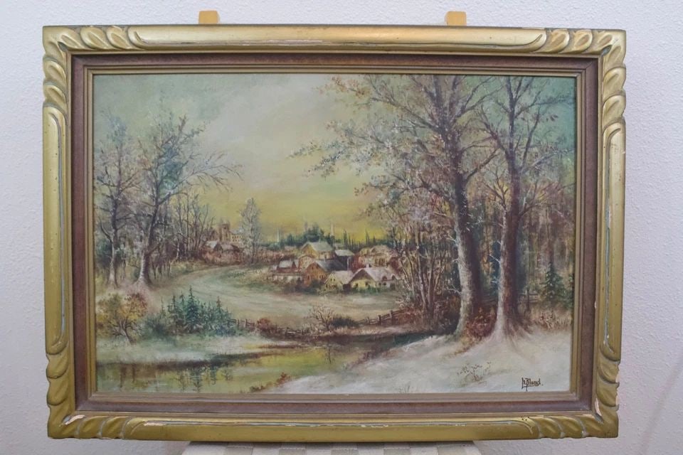VINTAGE OIL PAINTING - EUROPEAN VILLAGE IN SNOW BY RIVER - ARTIST LE BLOND (1 of 2)