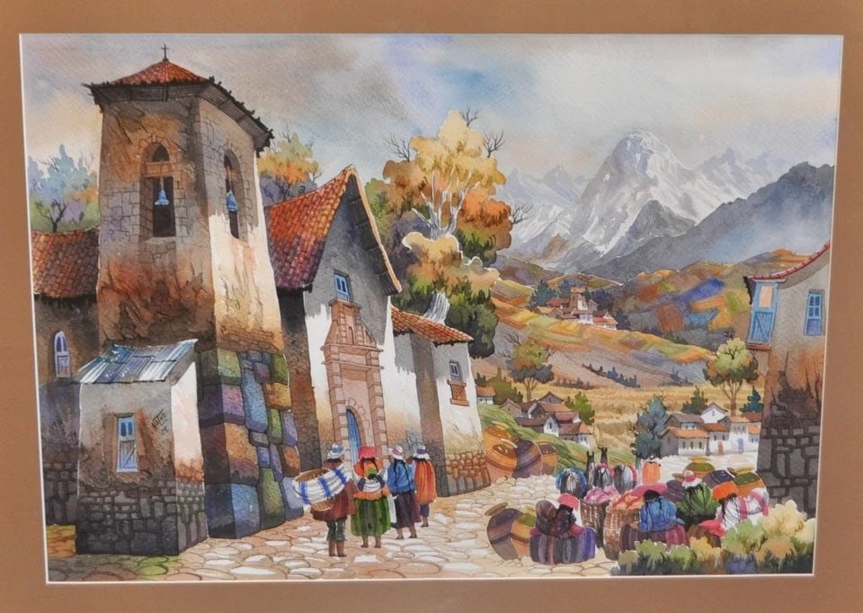 COLORFUL ORIGINAL WATERCOLOR PAINTING - PERU VILLAGE PLAZA WOMEN WEAVERS LLAMAS (1 of 2)