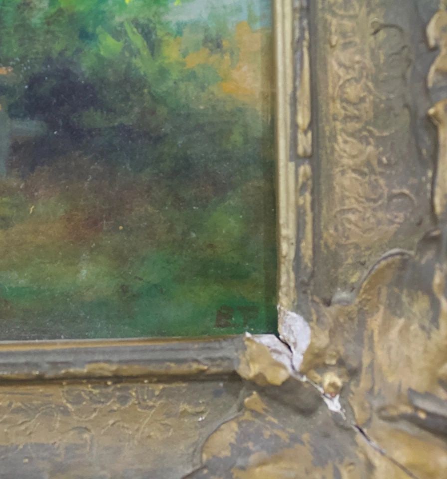 ANTIQUE PAINTING CIRCA EARLY 1900'S - THATCHED ROOF COTTAGE ..FLOWERS ..: ANTIQUE PAINTING CIRCA EARLY 1900'S - THATCHED ROOF COTTAGE ..FLOWERS .. Item Description: This is an oil on board painting of a old European cottage house surrounded with flowers and trees. The frame