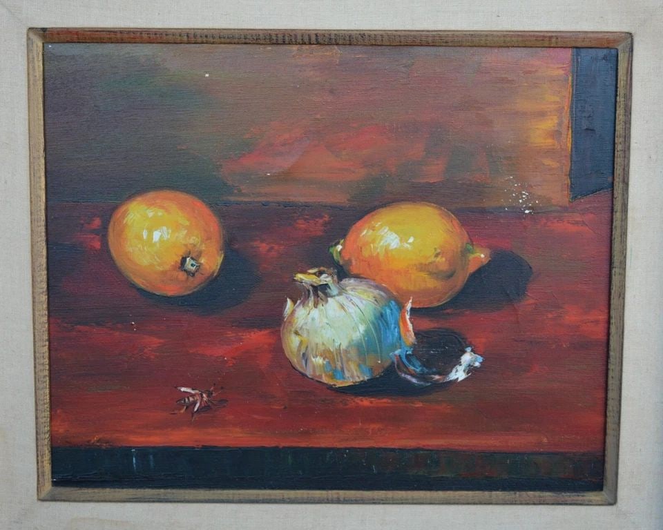 VINTAGE STILL LIFE OIL PAINTING - LEMONS AND GARLIC - DEEP REDS YELLOWS (1 of 2)