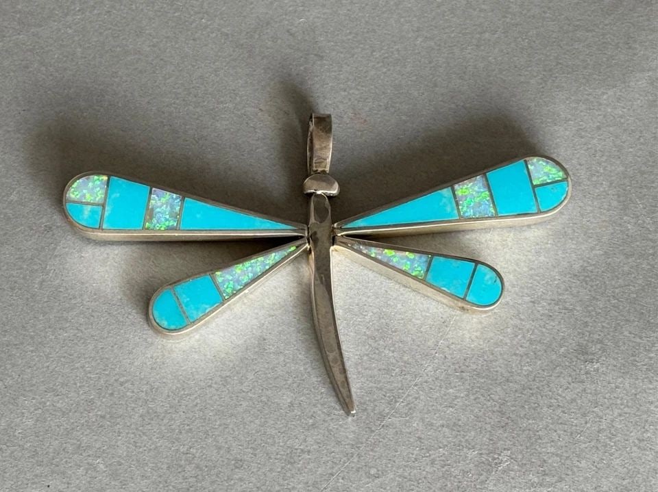 LARGE VINTAGE ZUNI STERLING SILVER W INLAID TURQUOISE AND OPAL DRAGONFLY PENDANT: LARGE VINTAGE ZUNI STERLING SILVER W INLAID TURQUOISE AND OPAL DRAGONFLY PENDANT Large Vintage Zuni Sterling Silver with Inlaid Turquoise and Opal Dragonfly Pendant. Signed J ..2" Tall x 3 3/8" Wide .