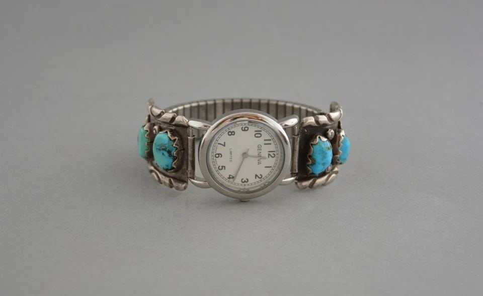 WAYNE CHEAMA - ZUNI HEAVY STERLING SILVER MEN'S WATCHBAND - 4 TURQUOISE STONES (1 of 2)