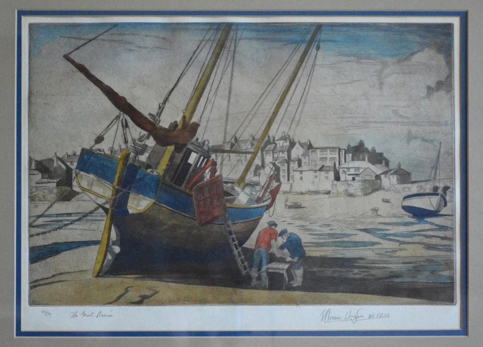 EDWARD BOUVIER HOYTON - HAND COLORED ETCHING PRINT - EARLY 1900S - CORNWALL SHIP (1 of 2)