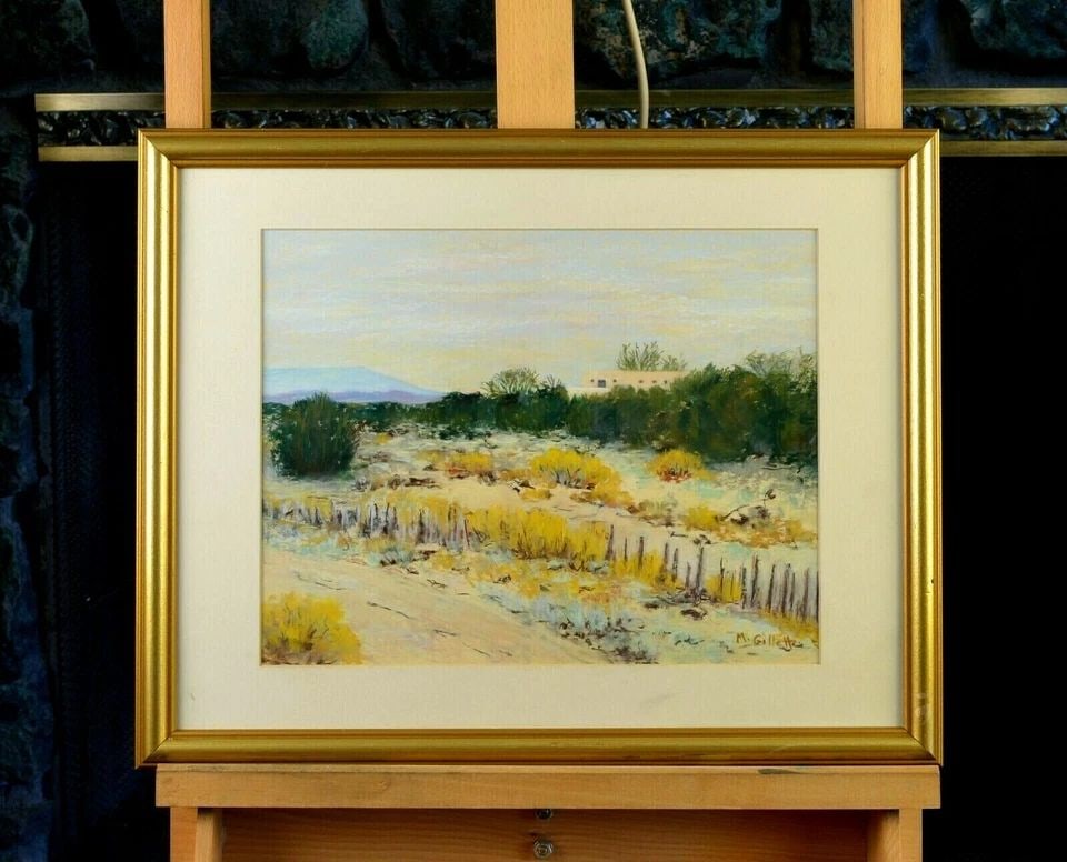 PAINTING - ADOBE ON HILL SOUTHWEST DESERT - CALIF. ARTIST M. SONOQUI GILLETTE: PAINTING - ADOBE ON HILL SOUTHWEST DESERT - CALIF. ARTIST M. SONOQUI GILLETTE Item Description: This original painting shows a classic desert landscape. An adobe home sits on a knoll overlooking deser