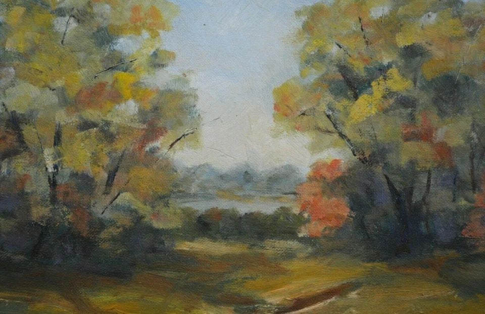 VINTAGE FALL LANDSCAPE PAINTING - TREES BY LAKE - AUTUMN COLORS (1 of 2)
