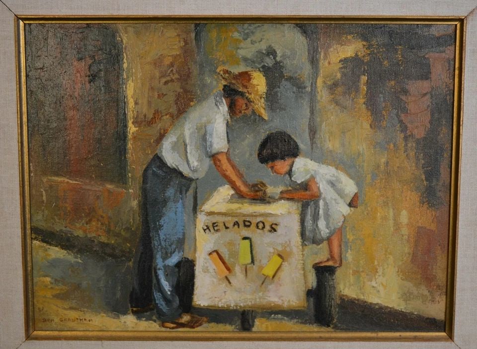 PAINTING - YOUNG GIRL BUYING ICE CREAMS (HELADOS) STREET VENDOR - BEA GRANTHAM (1 of 2)