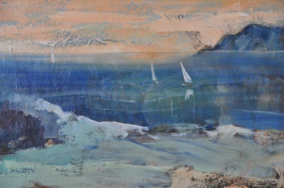 ALMA - VINTAGE COASTAL SEASCAPE PAINTING SAILBOATS BAY SOFT TEALS GREENS YELLOWS (1 of 2)