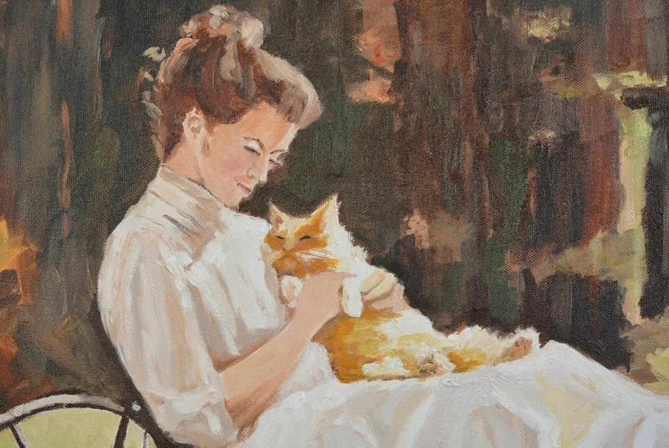 ORIGINAL OIL PAINTING - YOUNG WOMAN W. 2 TABBY CATS - SEDONA AZ HARRIET MCINNIS (1 of 2)