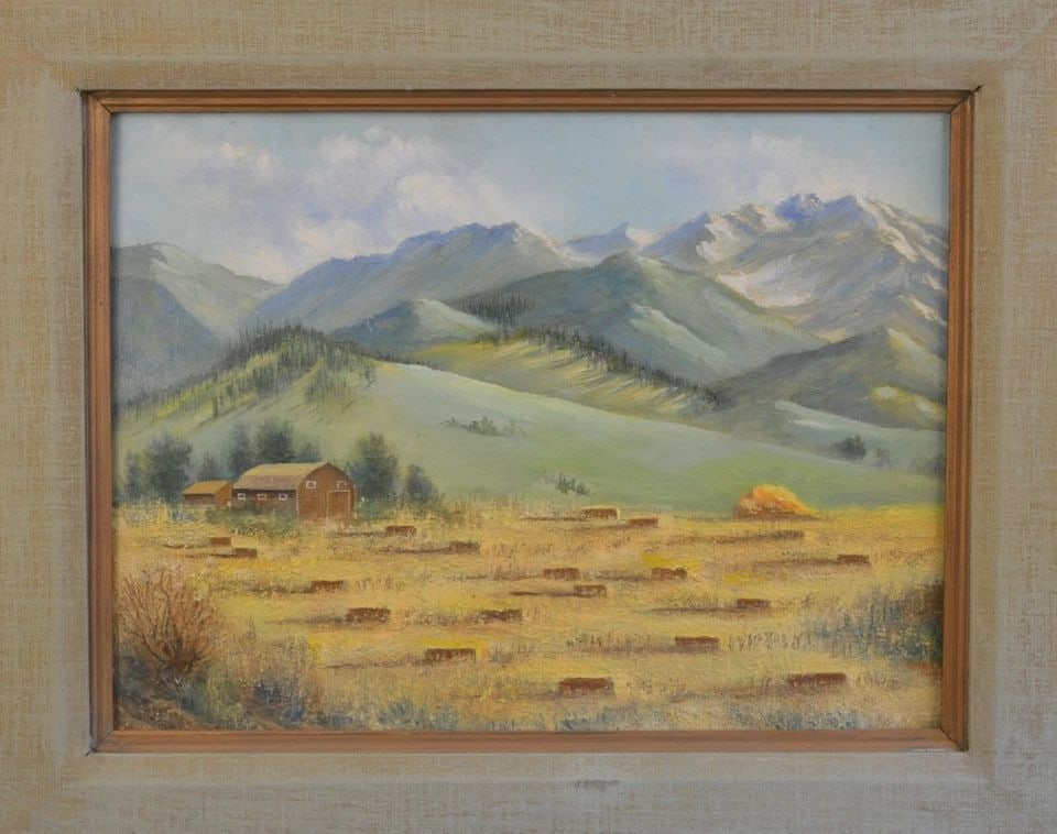 VINTAGE PAINTING - HARVESTED HAY FIELDS, BARN, MOUNTAINS - LANDSCAPE - F. MAY: VINTAGE PAINTING - HARVESTED HAY FIELDS, BARN, MOUNTAINS - LANDSCAPE - F. MAY Item Description: This vintage painting shows a fall landscape. Harvested bales of hay sit in the fields near a barn. The 
