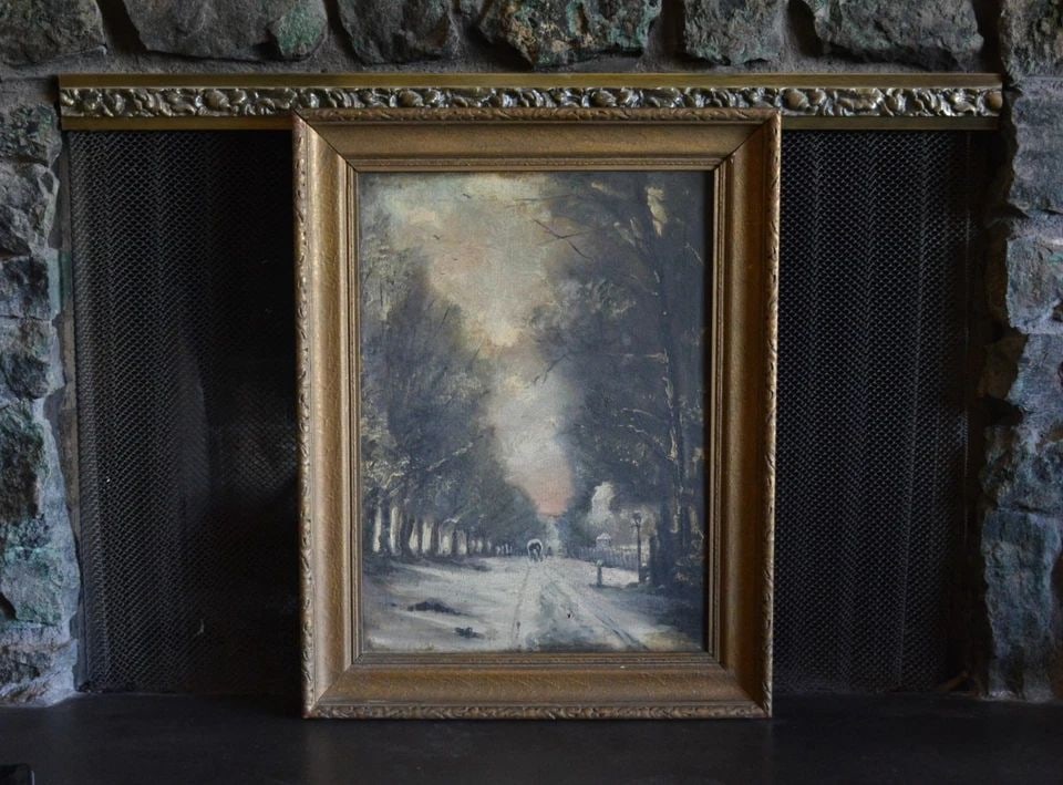 ANTIQUE OIL PAINTING - COVERED WAGON - SNOW TREE LINED LANE - SIGNED DATED 1900 (1 of 2)